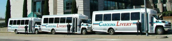 Three painted shuttle buses